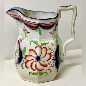 19th Century Antique Gaudy Welsh Begonia Pattern Large Hand Painted Luster Jug